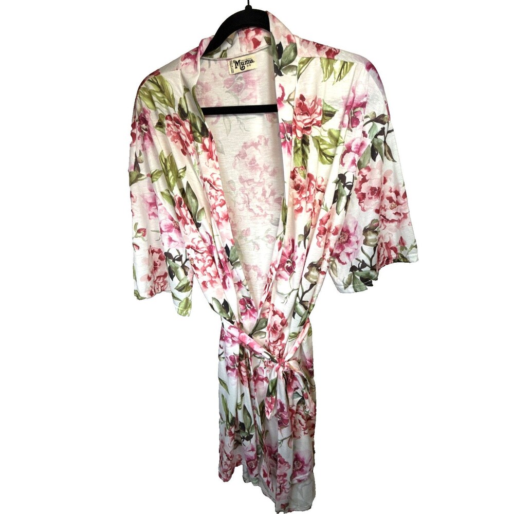 Mumu Floral Kimono Robe Lightweight Duster Pink White Green OS Belted